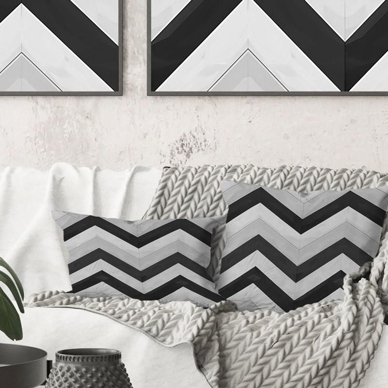 Gris, noir, moderne, chevron Bliss - coussin décoratif moderne, H 16 po x l 16 po