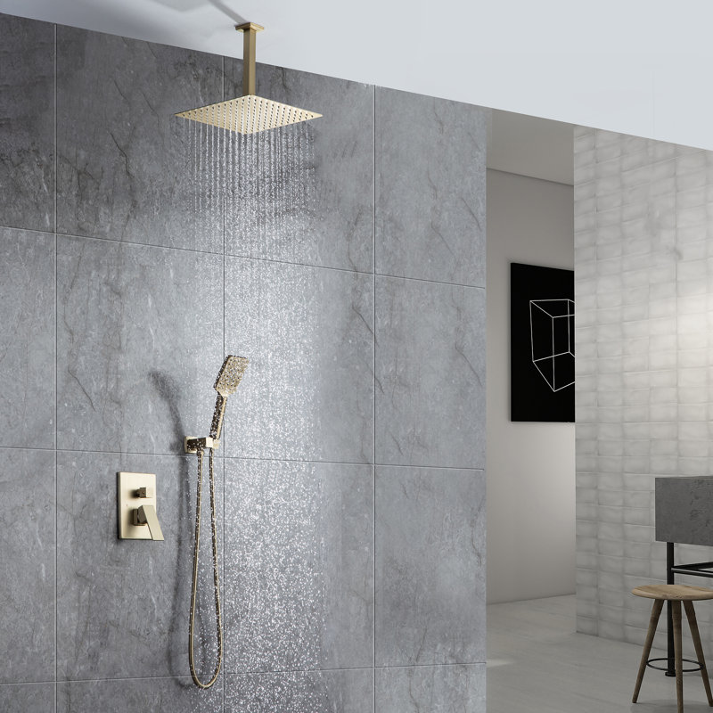 Système de douche carré complet à pression équilibrée avec valve brute, Or brossé