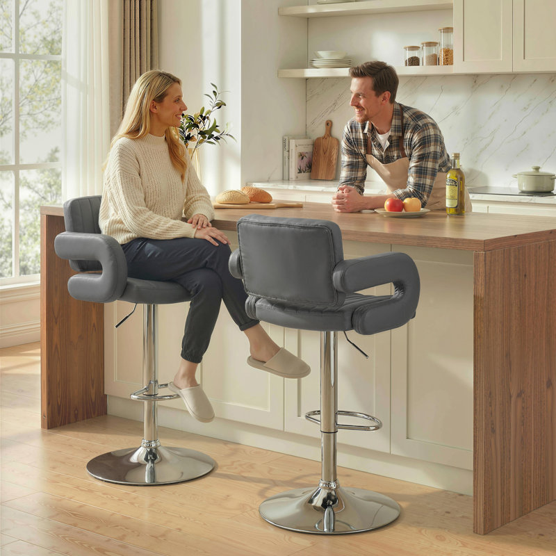 Swivel Upholstered Adjustable Height Bar Stool with Steel Frame, Black