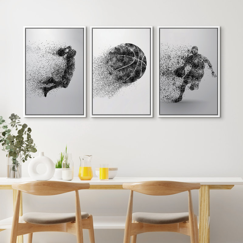 «Sport Play Basketball on Canvas», reproduction de 3 pièces, H 36 po x l 72 po, Cadre flottant blanc