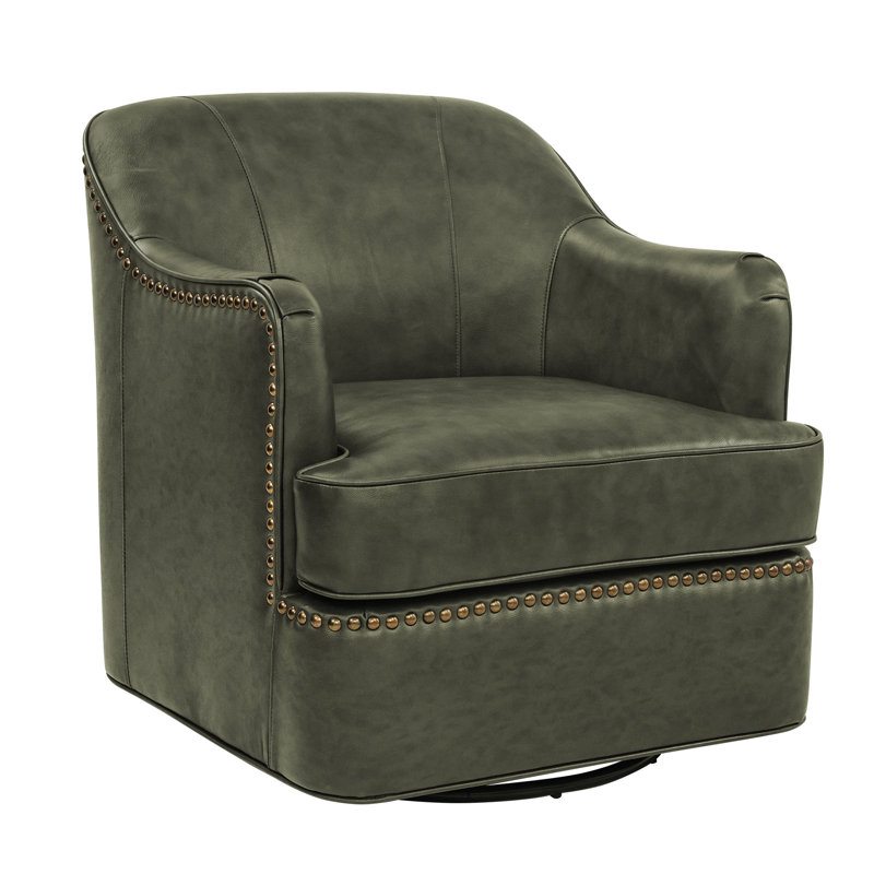 Genuine Leather Swivel Barrel Chair For Living Room, Bedroom, Fern Green