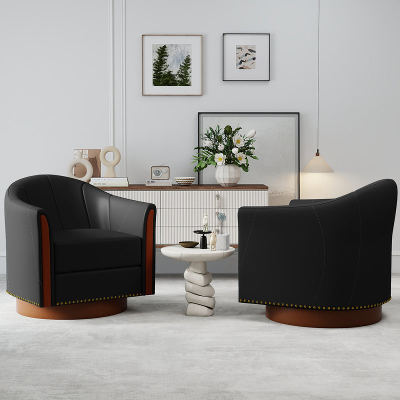 Modern Leather Swivel Barrel Chair with Solid Wood Base（Set of 2), Black