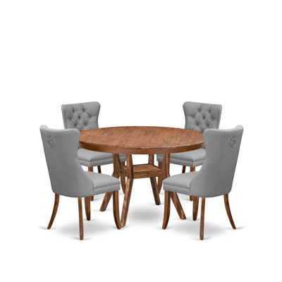 5-Pc Kitchen Table Set Includes a Dining Table and 4 Light Gray Polyester fabric Parsons Chairs with Button-Tufted Back, Antique Walnut.