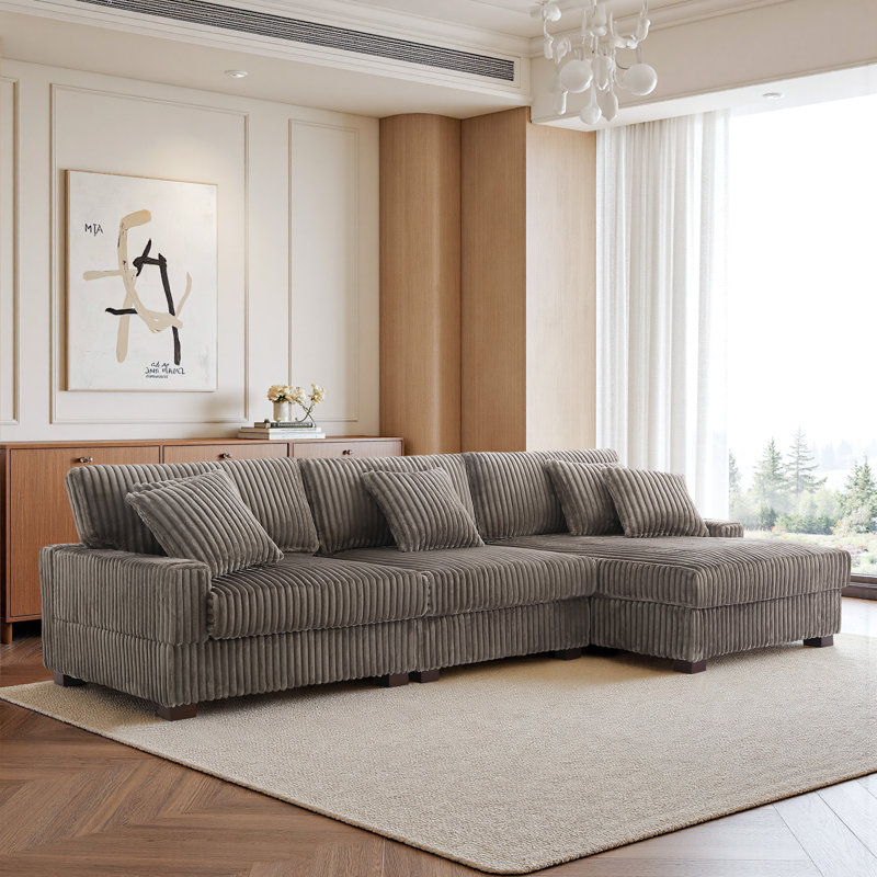 3 Seater Sofa & Chaise, Light Brown Polyester/Foam Padding