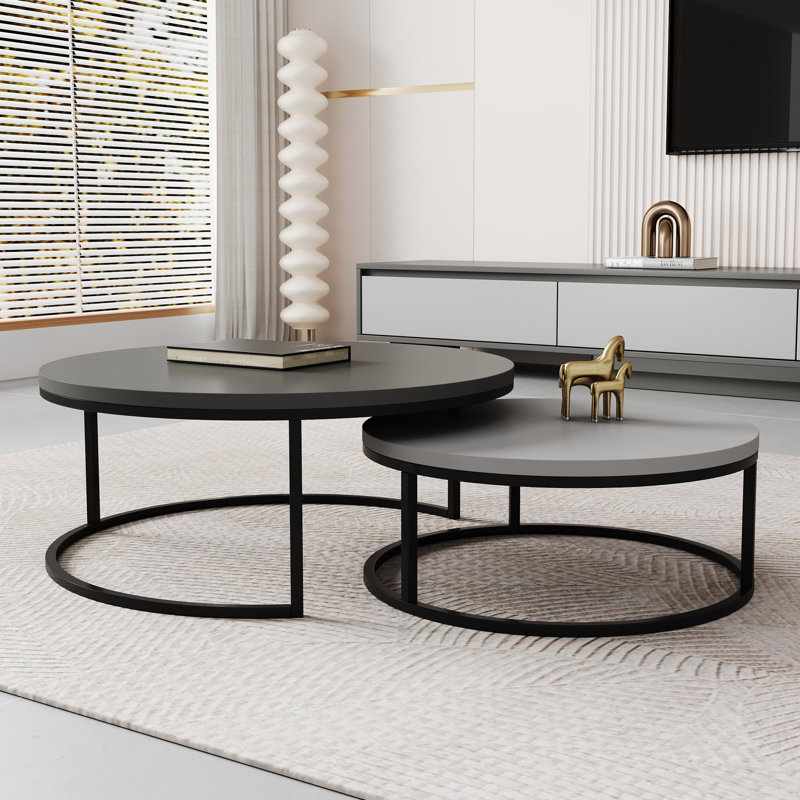 Modern Nesting Coffee Tables Set of 2, Round Walnut Wood Top with Black Metal Frame, Contemporary Living Room Tables, Grey