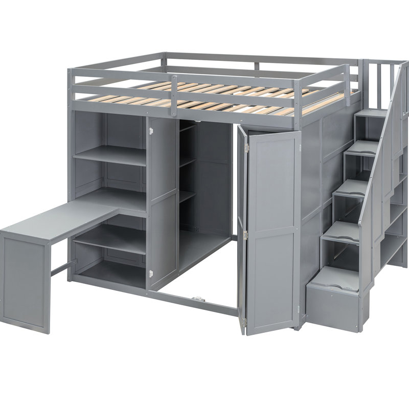 Lit mezzanine pleine grandeur avec garde-robe et bureau en gris, trois tablettes pliables pour un rangement soigné dans la chambre à coucher, créant une étagère grise élégante, bureau intégré, complémentaire aux chambres modernes
