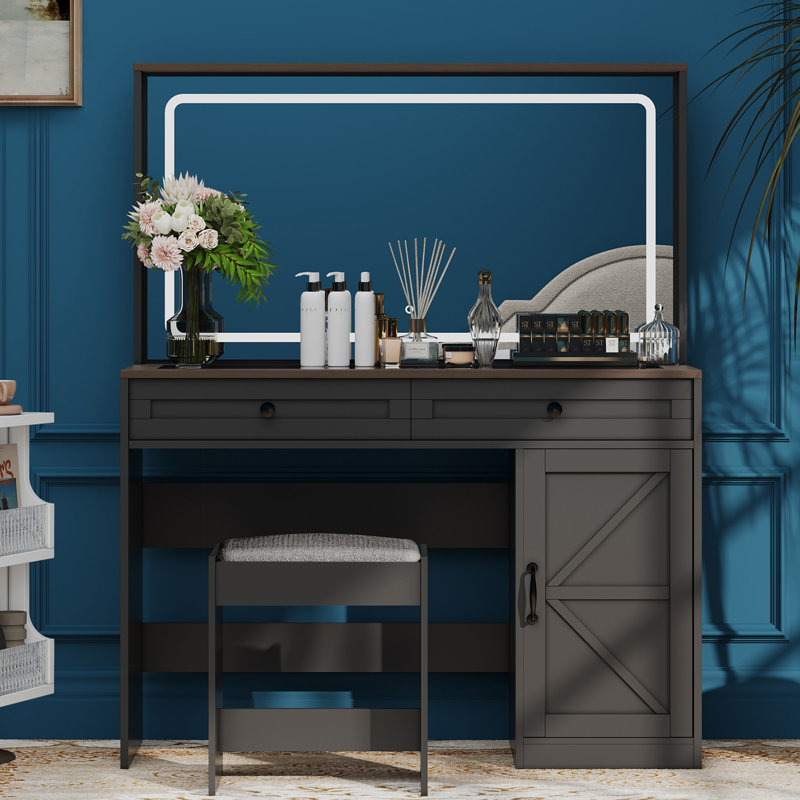 Table de coiffeuse avec grand miroir et bande lumineuse à DEL, luminosité réglable, coiffeuse avec 3 tiroirs, tabouret, Noir