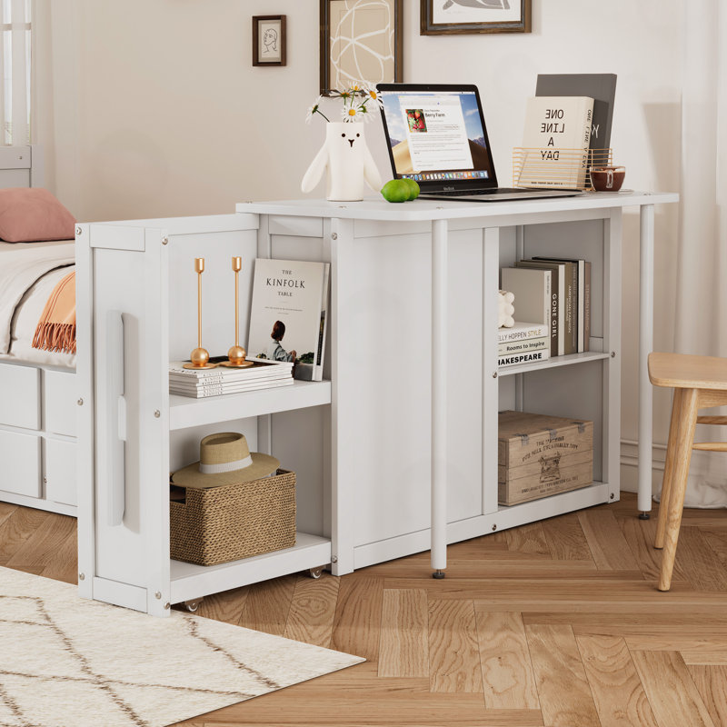 Lit simple de taille double avec bureau, tablette de rangement, lit gigogne et 3 tiroirs, Blanc
