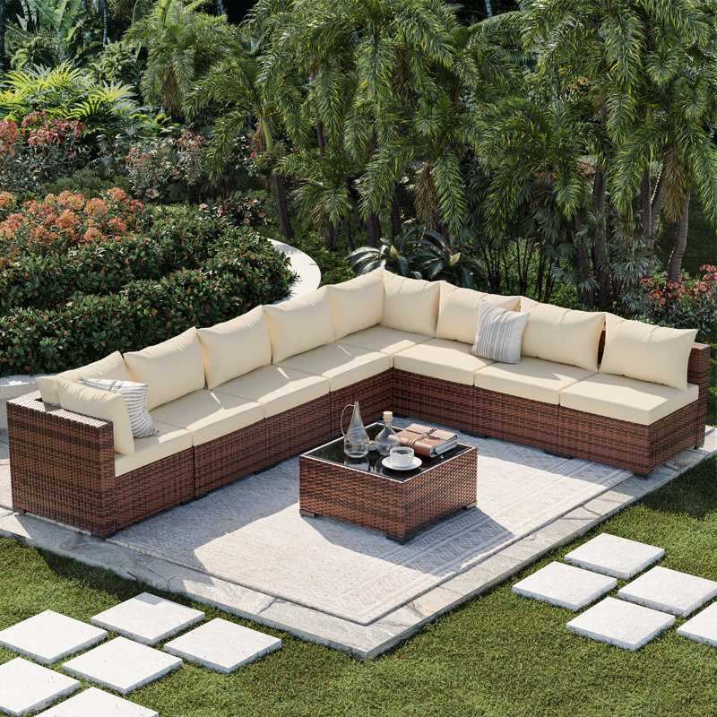 8 - Person Outdoor Wicker Patio Conversation Furniture Set, Beige