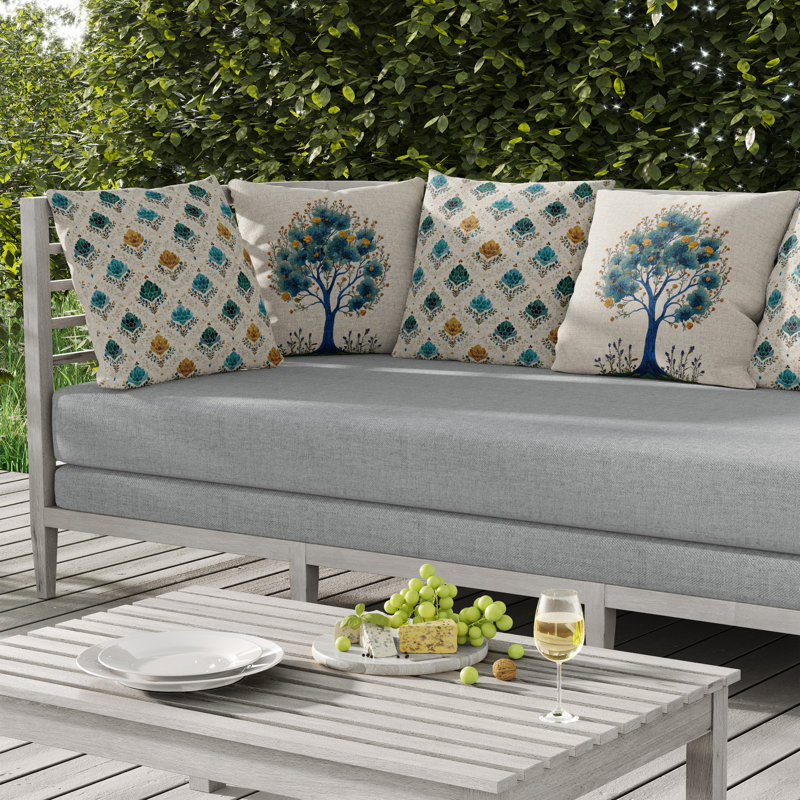 Racines à motifs Intérieur/Extérieur 26x26, Carré 26 po, Crème/bleu sarcelle