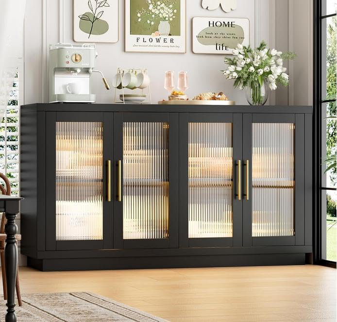 Black Wood Buffet Cabinet with Glass Doors, Adjustable Shelves, Large Storage Sideboard for Dining Room & Living Room