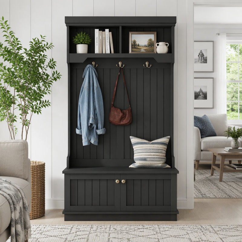 Arbre d'entrée multifonctionnel avec banc à chaussures de rangement et portemanteaux, design 4 en 1 pour vestibule et couloir