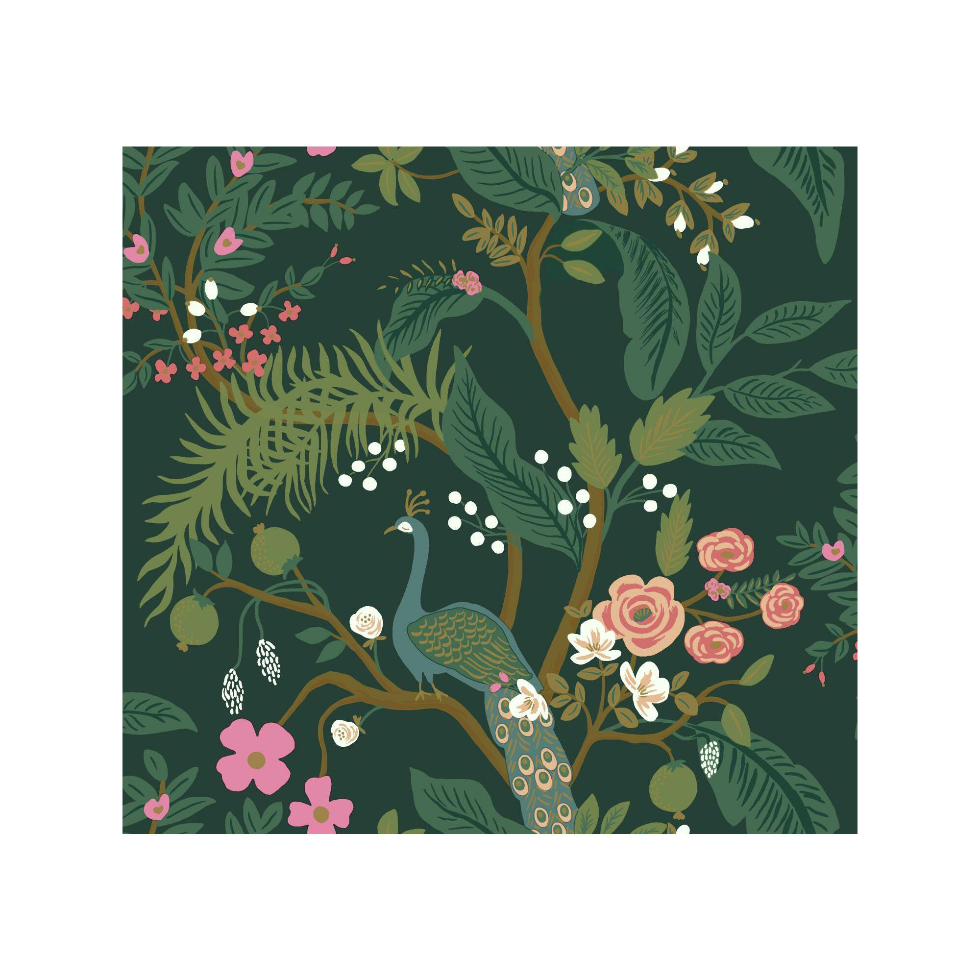 Rifle Paper Co. Peacock 27' x 27" Wallpaper Roll, Dark Green