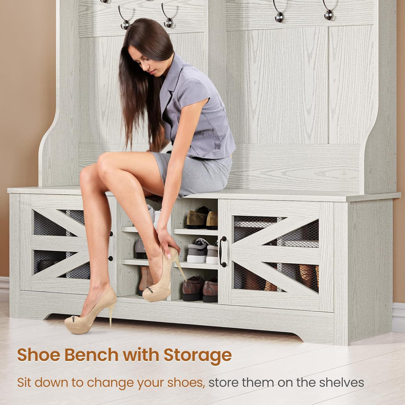 Hall Tree With Bench And Shoe Storage, 5-In-1 Entryway Bench With Coat Rack, Embossed White