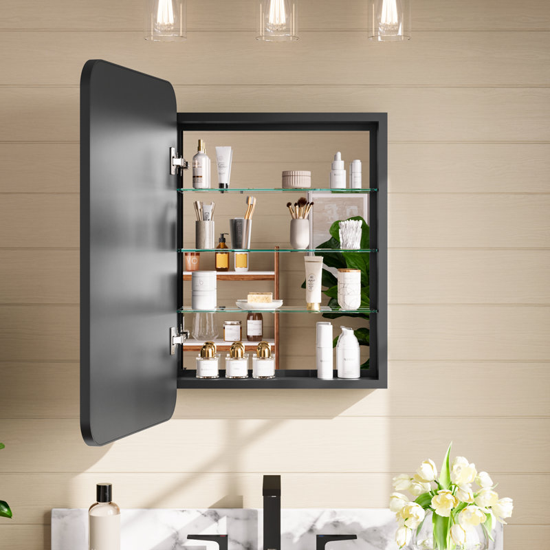 Armoire à pharmacie moderne avec cadre en aluminium noir avec tablettes réglables en verre trempé à trois couches, à fixation murale ou encastrée, entièrement assemblée pour plusieurs pièces