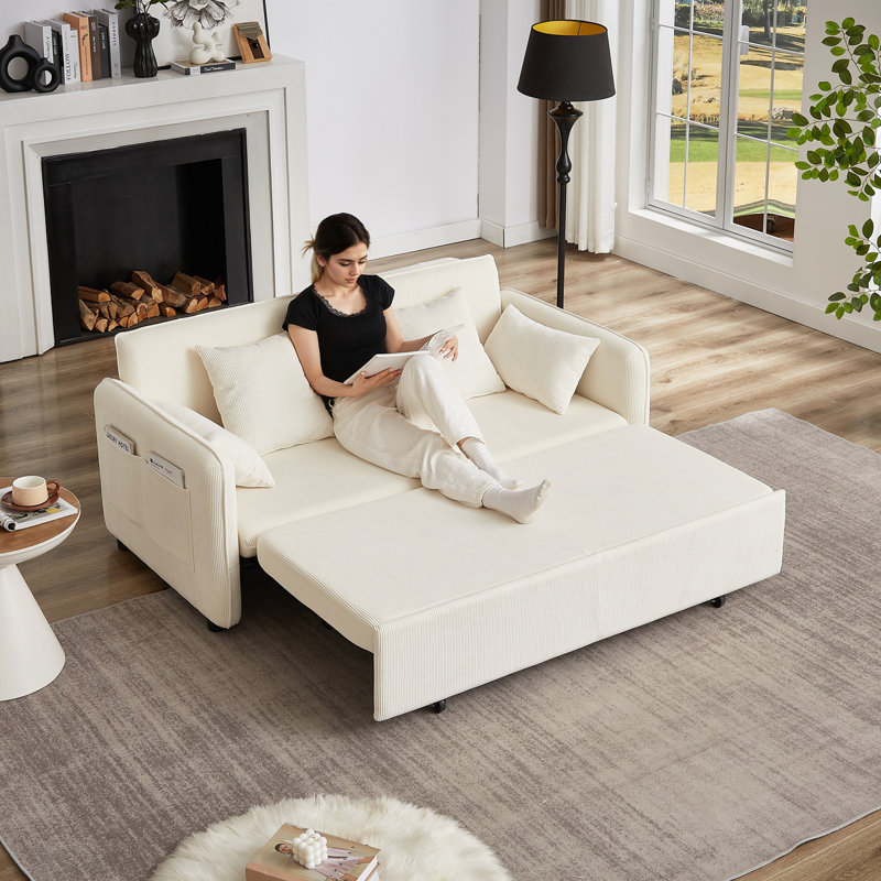 Modern Sofa Bed 3-In-1 Adjustable Sleeper With Pullout Bed Soft Corduroy Convertible Sleeper Sofa Bed, Beige