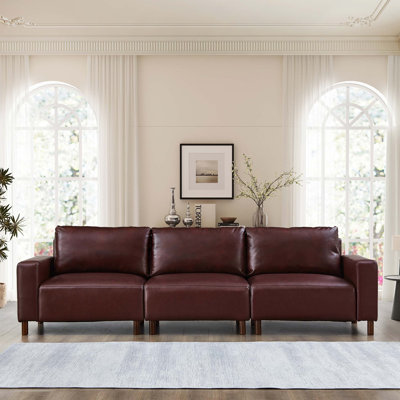 112" Luxury Pu Leather Sofa For Living Room, Apartment, Upholstered Breathable Faux Leather Pu Couch With Wood Legs
