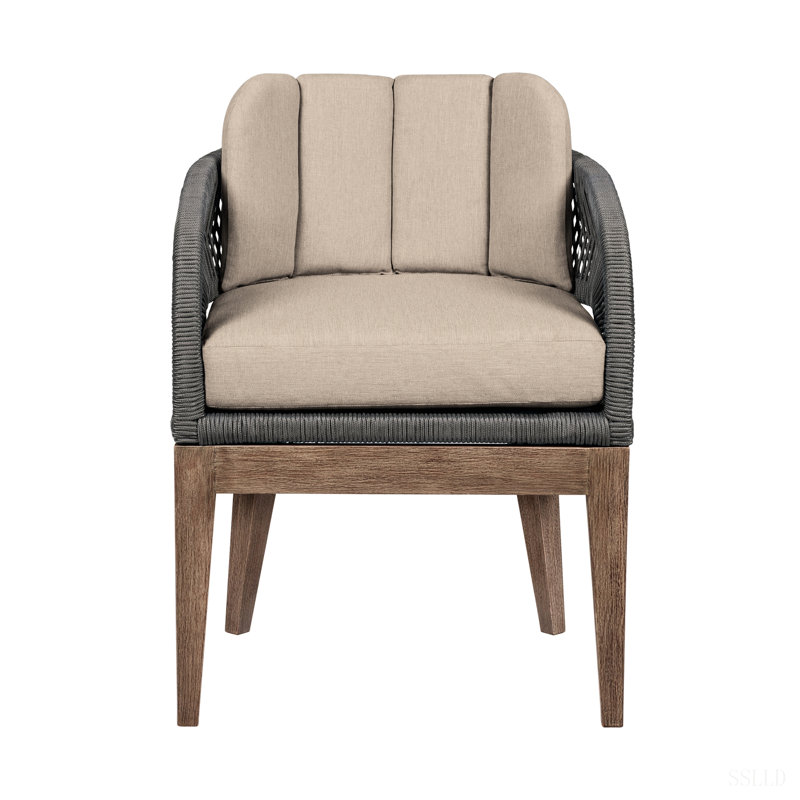 Chaise de terrasse Orbit en bois d'eucalyptus vieilli avec corde grise et coussins en oléfine taupe