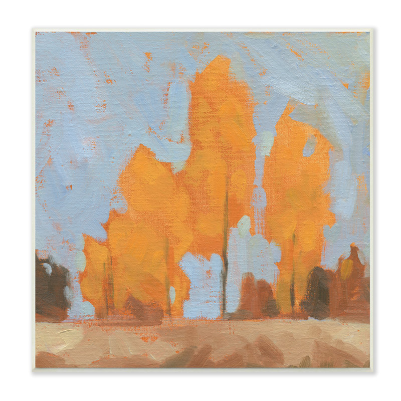 Automne, arbres, feuilles orange brillantes, ciel bleu doux, H 12 po x l 12 po, Plaque murale