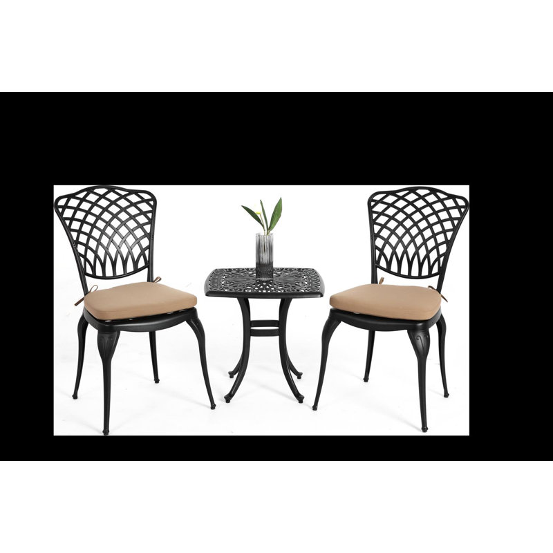 2 Person Aluminium Patio Bistro Set Table And 2 Chairs With Seat Cushions, Black