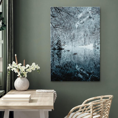Paysage naturel «Woodland Winter Reflection Lake Forest Dramatic Cool» sur toile