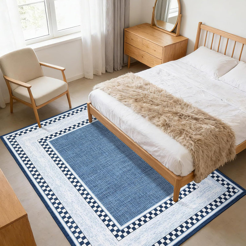 9x12 Checkered Area Rug, Washable Non Slip Low Pile Rug for Bedroom Living Room, Blue, Blue, Rectangle 9' x 12'