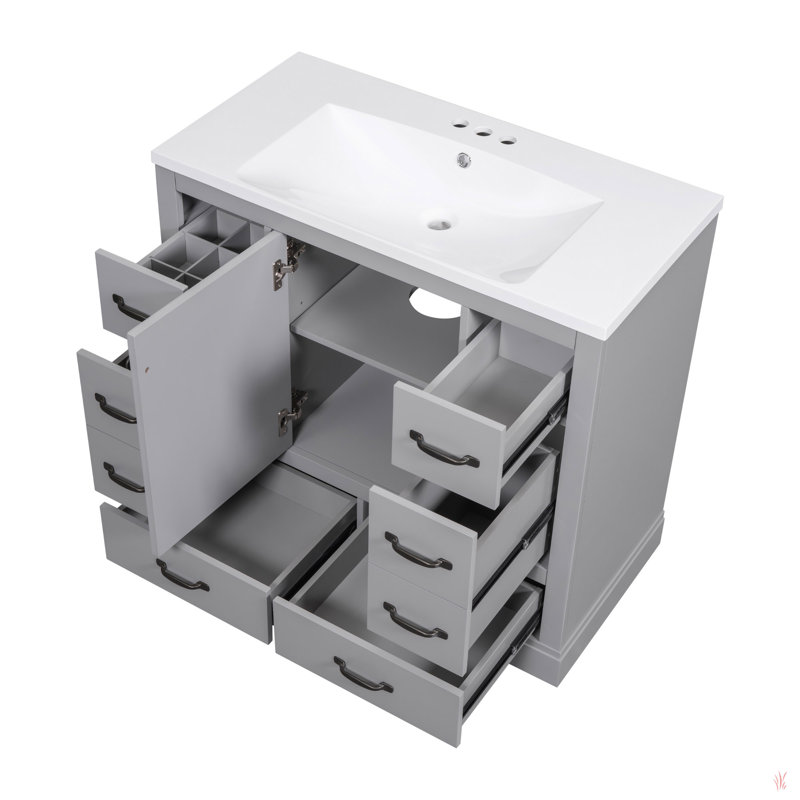 Ensemble de meuble-lavabo 36 po avec évier, six tiroirs, diviseur de tiroir multifonctionnel, tablette réglable, Noir, Gris