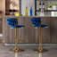 2 tabourets de bar, thème velours bleu, pieds dorés, repose-pieds et base, hauteur réglable avec moteur de levage mécanique à 2 pieds
