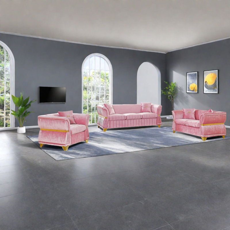 Ensemble de canapés modernes 3 pièces, garniture en velours rose pour une maison spacieuse