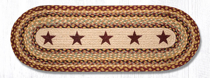 Earth Rugs 13"x36" Burgundy Stars Oval Braided Table Runner in Natural Jute, 13"x36"
