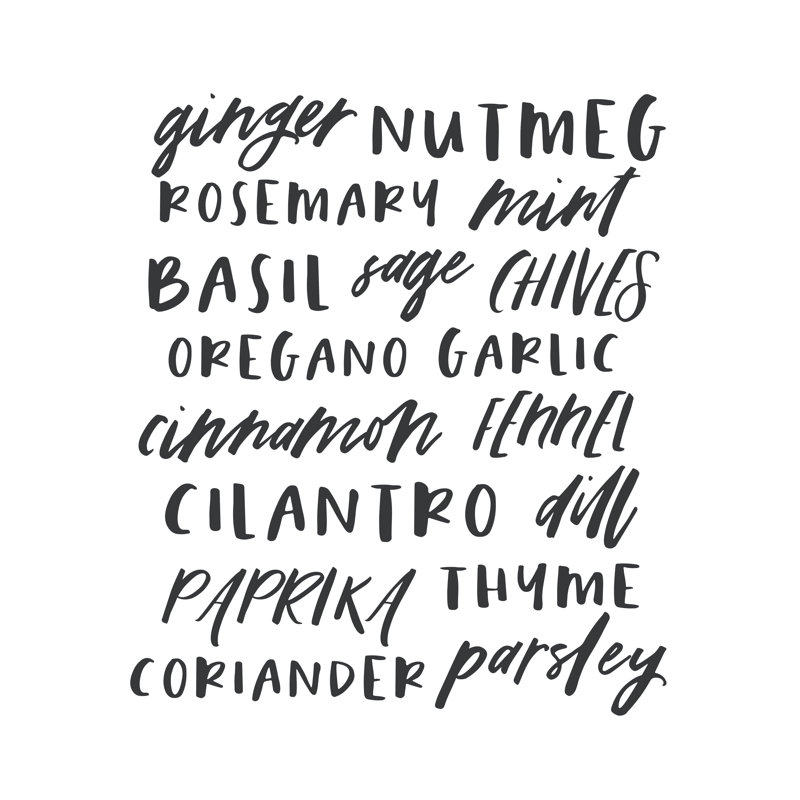 Kitchen Herb List - Textual Art Print, 30 cm H x 46 cm W, Black Floater Framed
