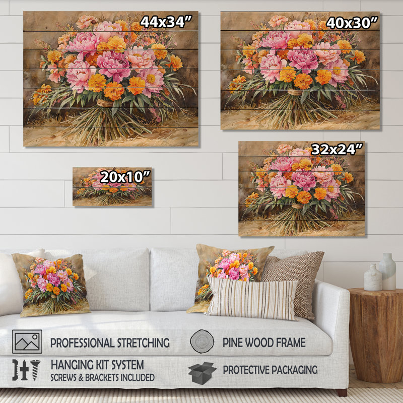 Bouquet de pivoines d'été II - décoration murale en bois de pivoines - sur bois de pin naturel, H 34 po x l 44 po x P 0,78 po