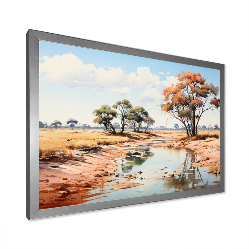 Paysage africain beige et vert sur toile, Cadre simple argenté, H 34 po x l 44 po x P 1,5 po