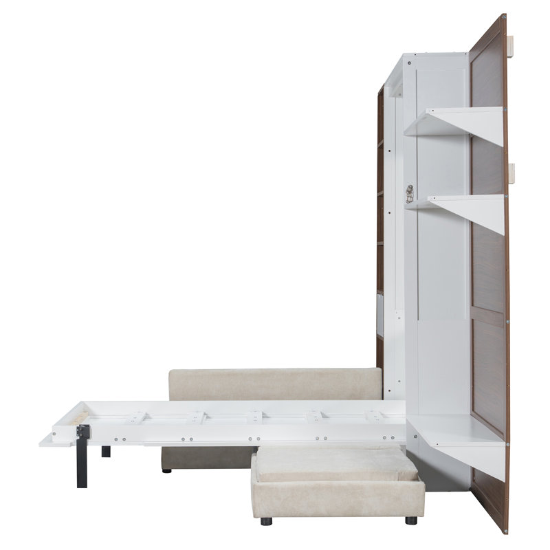 Lit escamotable une place avec canapé, armoire de rangement, étagères ouvertes, port de chargement USB et panneau paysage de montagne, lit mural gain de place