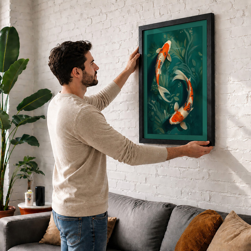 Koi In Teal Water Japandi - Print, Black, A4 - 29.7 x 21.0 cm