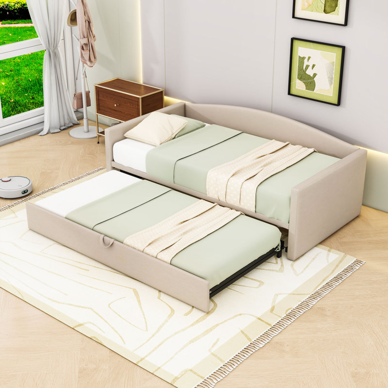 Upholstered Twin Daybed with Pop-Up Twin Trundle, Twin-to-King Convertible, Beige