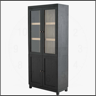 74.5"H Ash Wood Grain Display Cabinet with Adjustable Shelves and Glass Doors, Mid-Century Modern Bookshelf for Hallways, Livingroom, Kitchen, and Office - Black