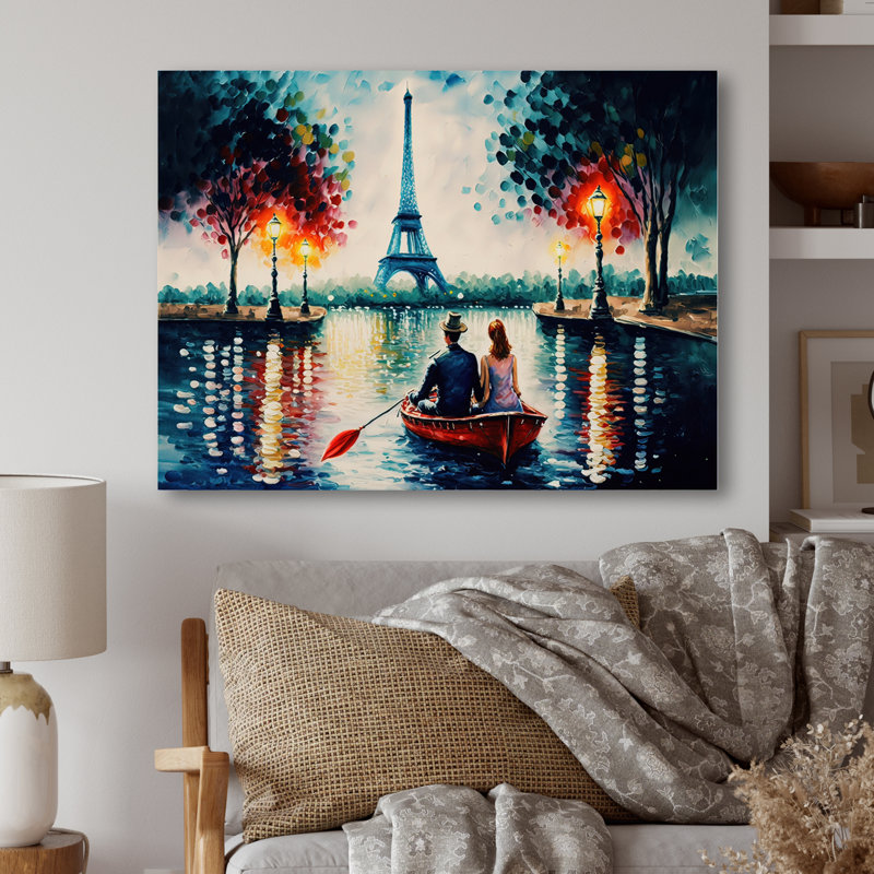 Soirée romantique sur un petit bateau IV - Peinture sur toile, H 16 po x l 32 po x P 1 po, Toile tendue