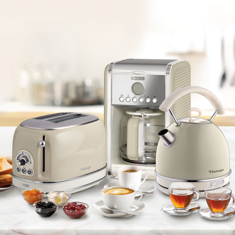 Ariete Vintage 1.7L Stainless Steel Dome Kettle with 2 Slice Toaster and 12 Cup Coffee Machine Set, Cream