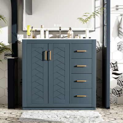 Meuble-lavabo de 36 po Nassau, lavabo en céramique, structure en bois massif, portes, planches, grand espace de rangement, style rétro, poignées en métal, motif unique, assemblage facile, armoire de rangement de 36 po avec finition à eau et fermeture en douceur