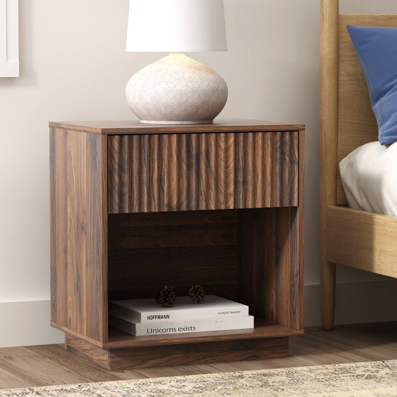 Table de chevet en bois avec 1 tiroir et casier ouvert - Rangement de chevet compact, Individuel, Brown
