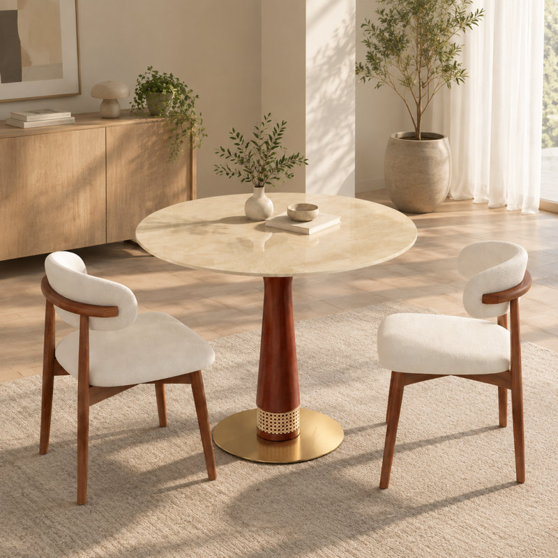 Table ronde en pierre mate de 33,79 pouces avec colonne en noyer et base dorée pour petits espaces