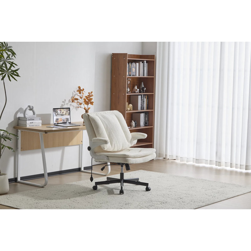 Leather Swivel Office Chair With Flip-up Armrests & Criss-cross Seat, Ergonomic Wide Seat Desk Chair With Wheels – Adjustable Rolling Chair For Home Office, Vanity, And Lounge