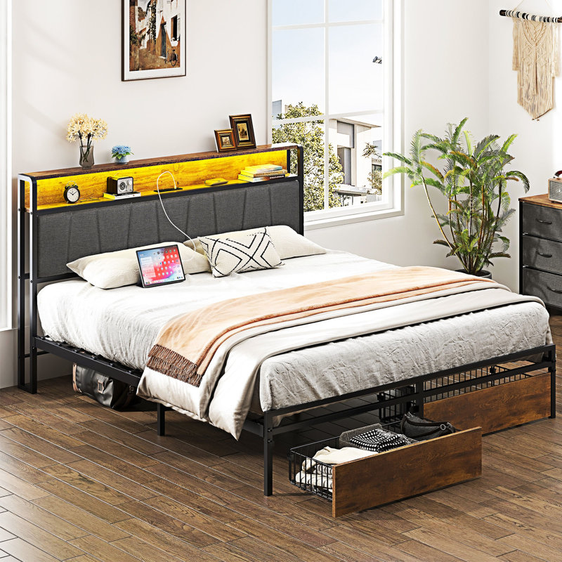 Structure de lit tapissier Platm avec tiroirs de rangement, ports USB