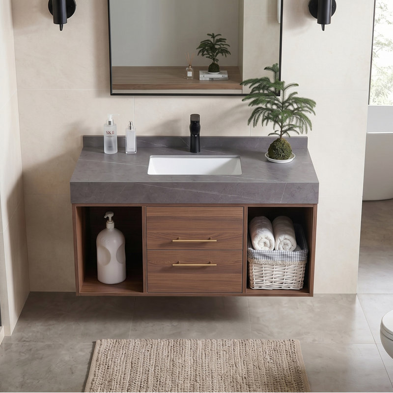 40" Modern Floating Single Bathroom Vanity Set with Sintered Stone Top and Undermount Ceramic Sink