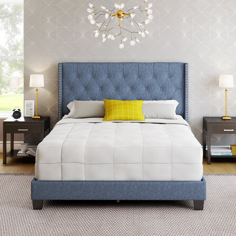 Sophia Blue Linen Queen Platform Bed with Tufted Wingback Headboard