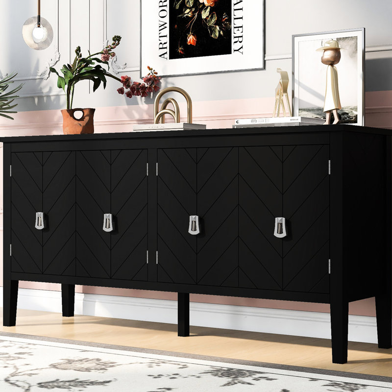Buffet noir à quatre portes avec des motifs géométriques complexes et des poignées rétro, pour le salon, le bureau d'entrée, l'écurie simple à assembler dans des motifs élaborés, la vie en métal, les salles d'étude, la construction