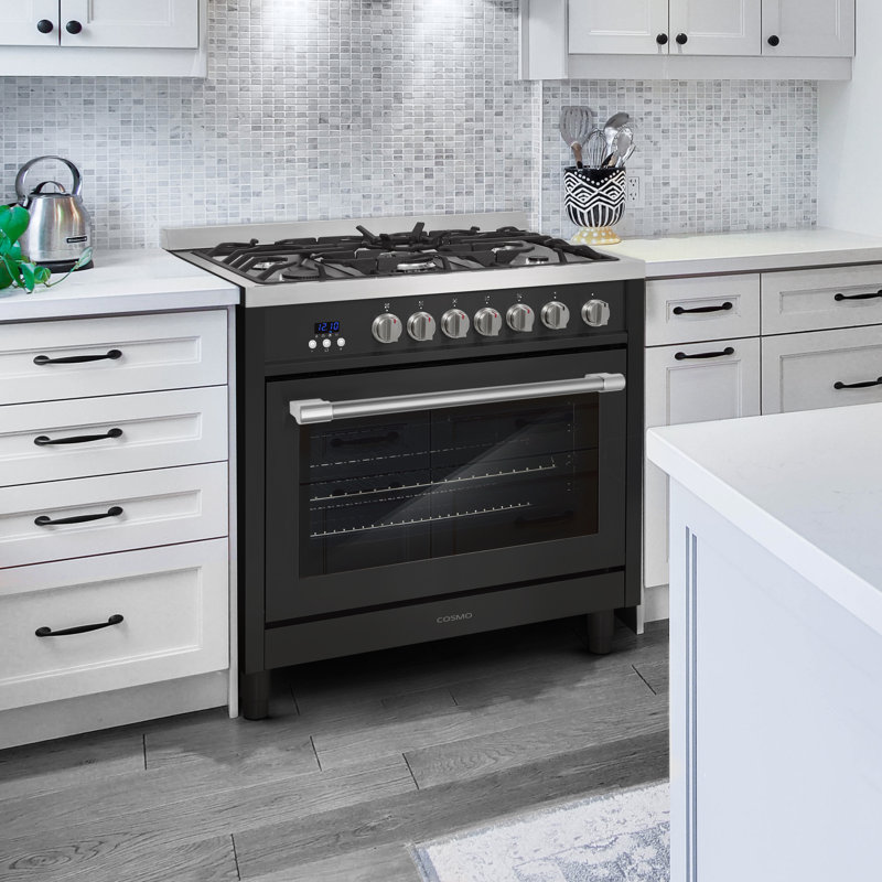 Cosmo 36 in. Nebula Collection 4.4 cu. ft. Gas Range, 5 Burners, Rapid Convection Oven, Smooth Grip Handle in Matte Black