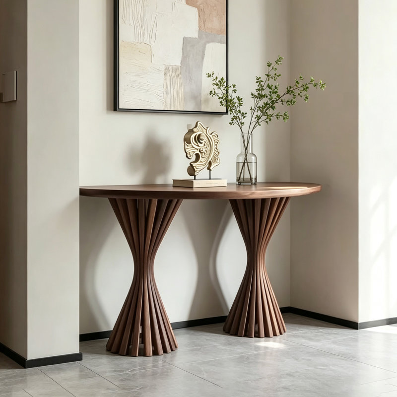 Console moderne en bois massif semi-circulaire, H 35,43 po x l 62,99 po x P 15,75 po
