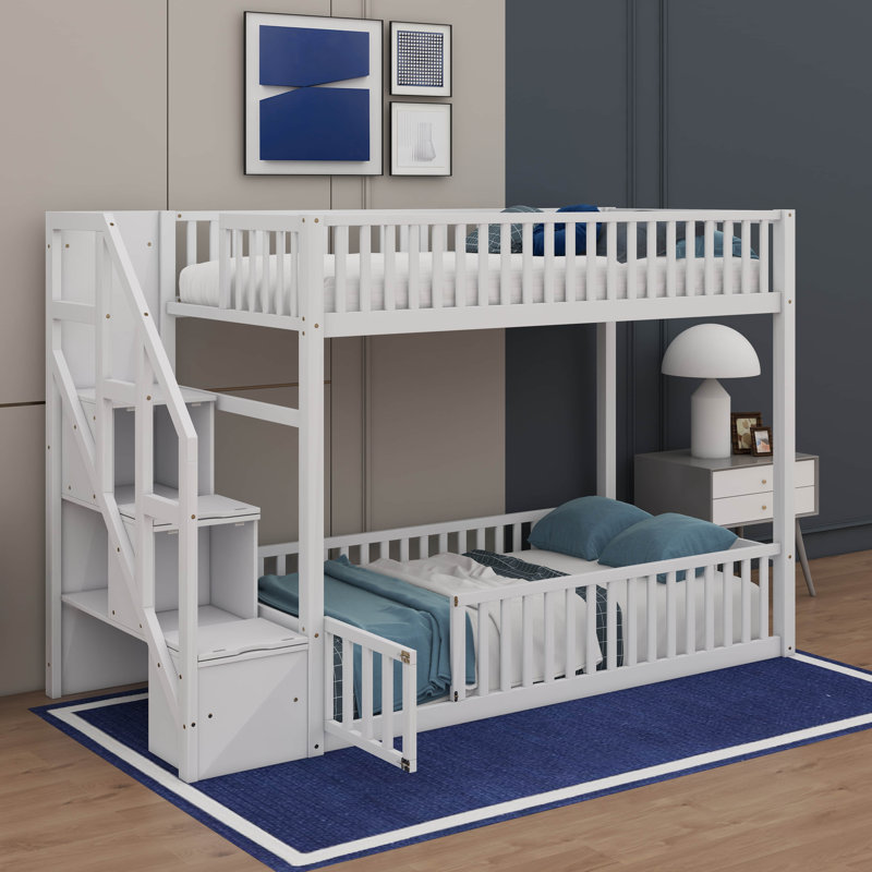 Twin Over Twin Floor Bunk Bed, White